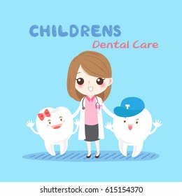 cute cartoon woman dentist with tooth on blue background