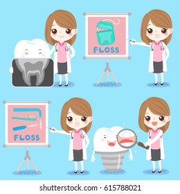 cute cartoon woman dentist with tooth smile happily on blue background