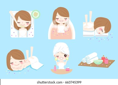 cute cartoon woman do spa on the blue background