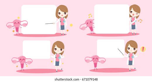 cute cartoon woman doctor with uterus on pink background