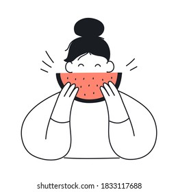 Cute cartoon woman eating a yummy ripe watermelon slice. Sweet summer delicious, benefits, rewards, advantages or perks concept. Flat clean line elegant vector