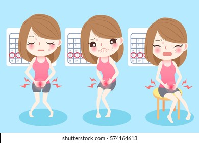 cute cartoon woman feel uncomfortable with menstruation