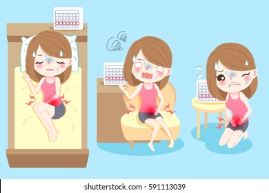 cute cartoon woman feel uncomfortable with menstruation