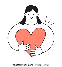 Cute cartoon woman holding a big red heart. Love, help, charity, health and care concept. Thin line vector illustration on white.