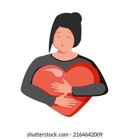 Una mujer de dibujos animados con un gran corazón rojo. El amor, la ayuda, la caridad, la salud y el concepto de atención. Ilustración vectorial de línea delgada en blanco. Concepto de salud y bienestar. Recuperación y meditación, salud.