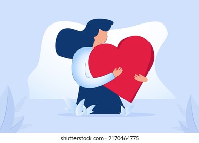 Cute cartoon woman holding a big red heart. Love, help, charity, health and care concept. Thin line vector illustration on white. Volunteering vector illustration. Help charity and sharing hope.