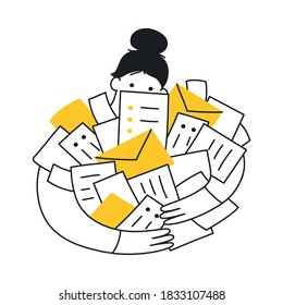 Cute cartoon woman holding a heap or a bunch of letters and envelopes. Spam, correspondence, newsletters, congestion with information, work and mail. Flat line vector illustration.
