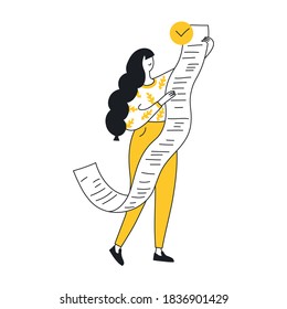 Cute cartoon woman holding a long to-do list or shopping list with a checkmark. Woman planning month, to-do list, and current tasks. Flat line isolated vector illustration