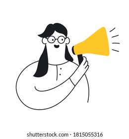 Cute cartoon woman holding megaphone. Benefits speech, voice, leader, announcement, loudspeaker, marketing and advertising concept. Flat line modern vector illustration on white