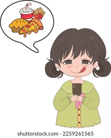 Cute cartoon woman holding a smartphone and wanting to eat