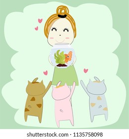 cute cartoon a woman hugging a gold fish bowl, and surround by a little kitty cat, illustration vector by freehand doodle comic art.