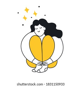 Cute cartoon woman hugs her knees and smiling. Dreaming, fantasize, daydream, think, be lost in reverie concept. Flat cute thin line vector illustration on white.