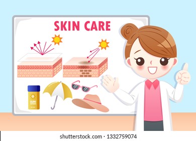 cute cartoon woman introduction sunscreen on the blue background