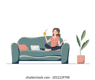 Cute cartoon woman with a laptop and glass of orange juice sitting on the couch. Nice girl on the sofa communicates online.