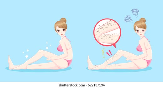 cute cartoon woman with leg hair problem on blue background