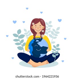 A cute cartoon woman meditates in a lotus position with a planet. Save our planet, ecology and the environment. Vector flat illustration. Web banner for web page, ad, background.
