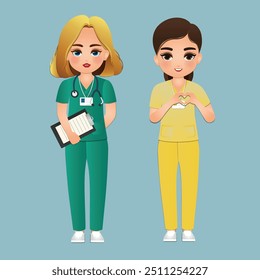 Cute cartoon woman in nurse uniform with different acting character