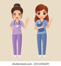 Cute cartoon woman in nurse uniform with different acting character