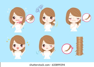 cute cartoon woman with problem of split ends