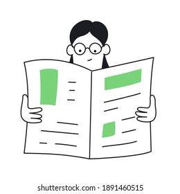 Cute cartoon woman reading the newspaper, reports, newsletter, advertising, magazine, or blog. Flat thin line elegant business modern vector illustration on white.