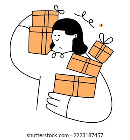 Una mujer de dibujos animados se presentó con amor, Manos llenas de cajas de regalo, muchos regalos, Sorprendida. Ilustración vectorial de línea delgada en blanco