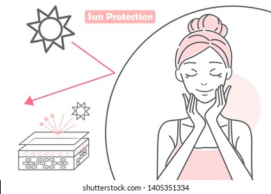 cute cartoon woman in the safety mask with sunburn problem on white background