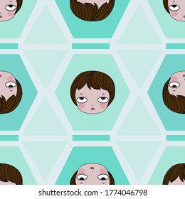 Cute cartoon woman seamless pattern on background of circles. Girl drawing style cartoon illustration. Design for fabric, textile, decoration.