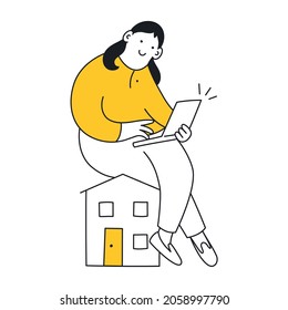 A cute cartoon woman is sitting on the home's roof with a laptop. Freelance work, work at home, remote job concept, realtor, real estate offer. Thin line elegant modern vector illustration on white.