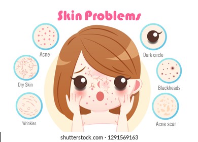 cute cartoon woman with skin problem on the white background