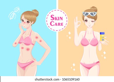 cute cartoon woman with skincare in the summer