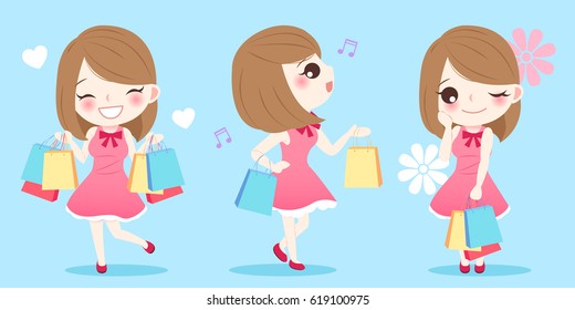 cute cartoon woman smile happily with shopping on blue background