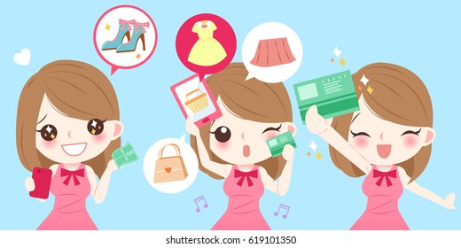 cute cartoon woman smiles happily with shopping on blue background