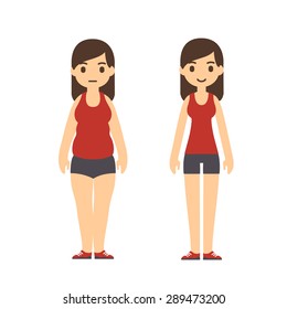 Cute cartoon woman in sport clothes with two body types: chubby and slim. Weight loss before and after illustration.