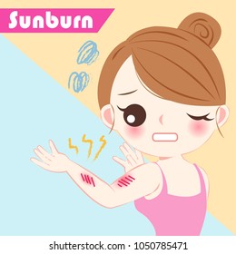 Cute Cartoon Woman With Sunburn Problem On Blue Background