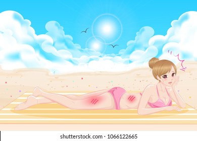 cute cartoon woman with sunburn problem on blue background