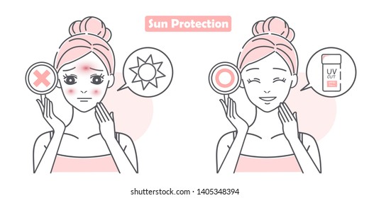 cute cartoon woman with sunburn problem on white background