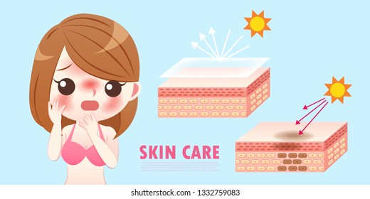 cute cartoon woman with sunburn in the summer