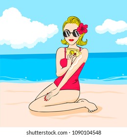 cute cartoon woman with sunscreen on the beach