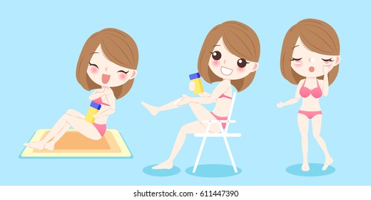 cute cartoon woman with sunscreen on blue background