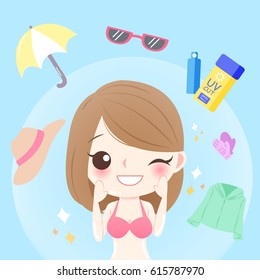 cute cartoon woman with sunscreen on blue background