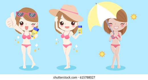 cute cartoon woman with sunscreen on blue background