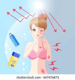 cute cartoon woman with sunscreen on blue background