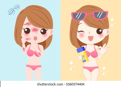 cute cartoon woman with sunscreen in the summer