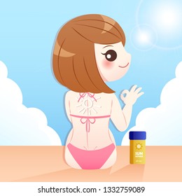 cute cartoon woman with sunscreen in the summer