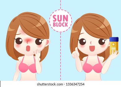 cute cartoon woman with sunscreen and sunburn on blue background