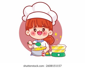 Cute cartoon woman with Sweet Corn with Butter for logo cartoon. Street food Thailand Logo design premium vector.