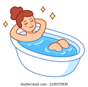 Cute Cartoon Woman Taking A Bath. Pretty Girl Relaxing In Bathtub. Vector Drawing, Simple  Clip Art Illustration.