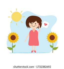Cute cartoon of the woman is talking on the phone with her boyfriend at the outdoor with the sun and sunflowers. Girl holding the mobile phone with heart sign in the bubble text.