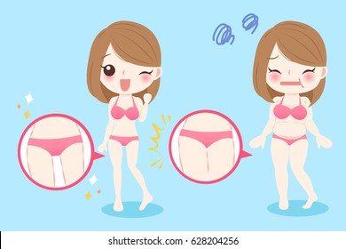 cute cartoon woman with thigh liposuction before and after