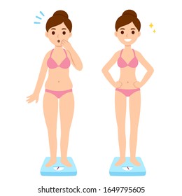 Cute cartoon woman in underwear with two body types (chubby and slim) weighing herself on a scale. Weight loss before and after illustration.